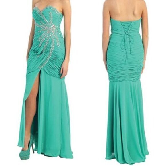 Mayqueen Strapless Sage Green Chiffon Gown with Slit & Rhinestones Size 4‎ - Picture 7 of 9